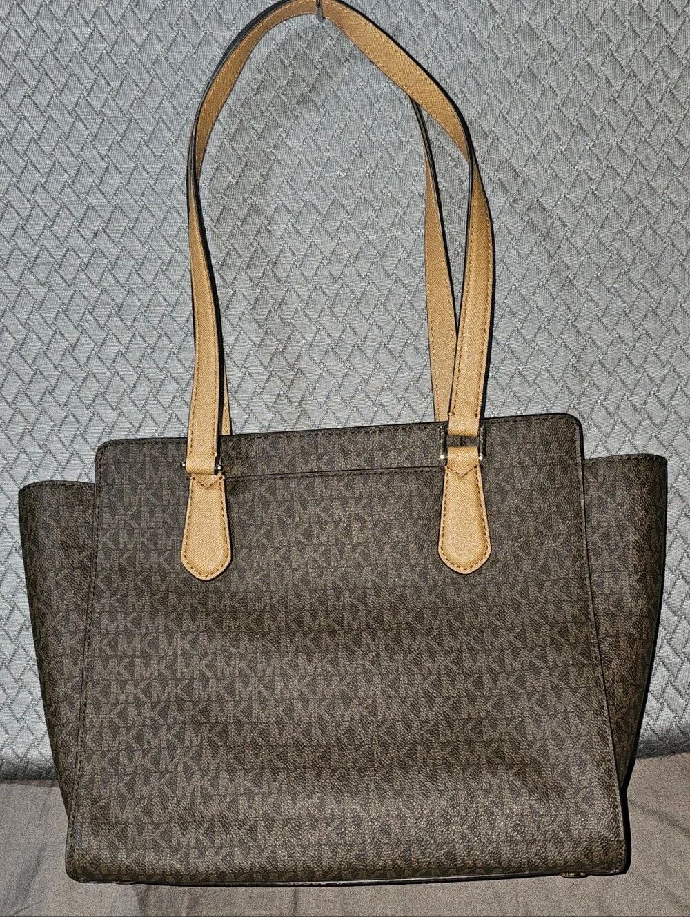 Authentic Michael Kors Brown MK Logo Tote with Tan Handles